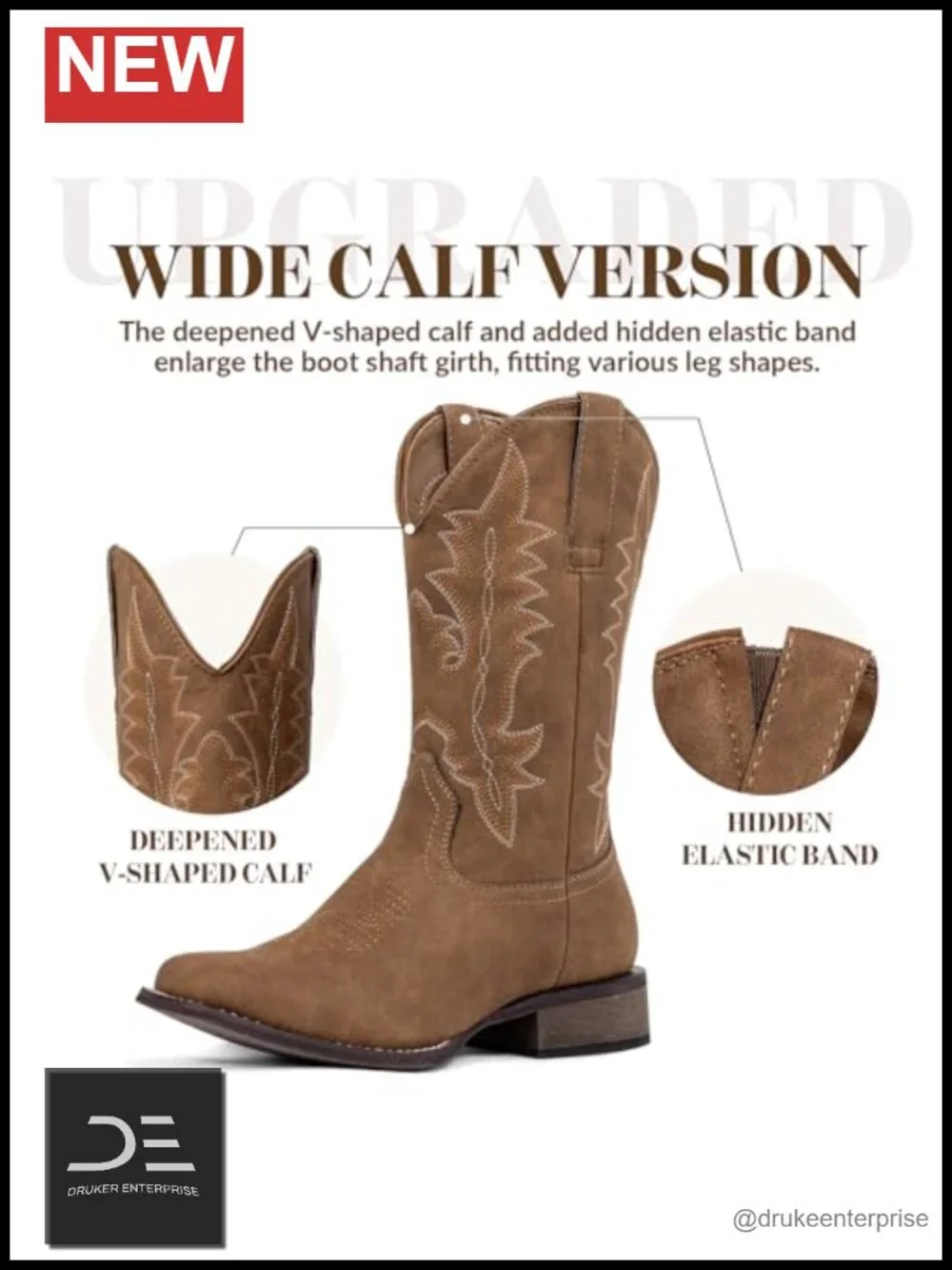Women Square Toe Western Cowboy Boots PU Leather Mid-Calf Block Heel